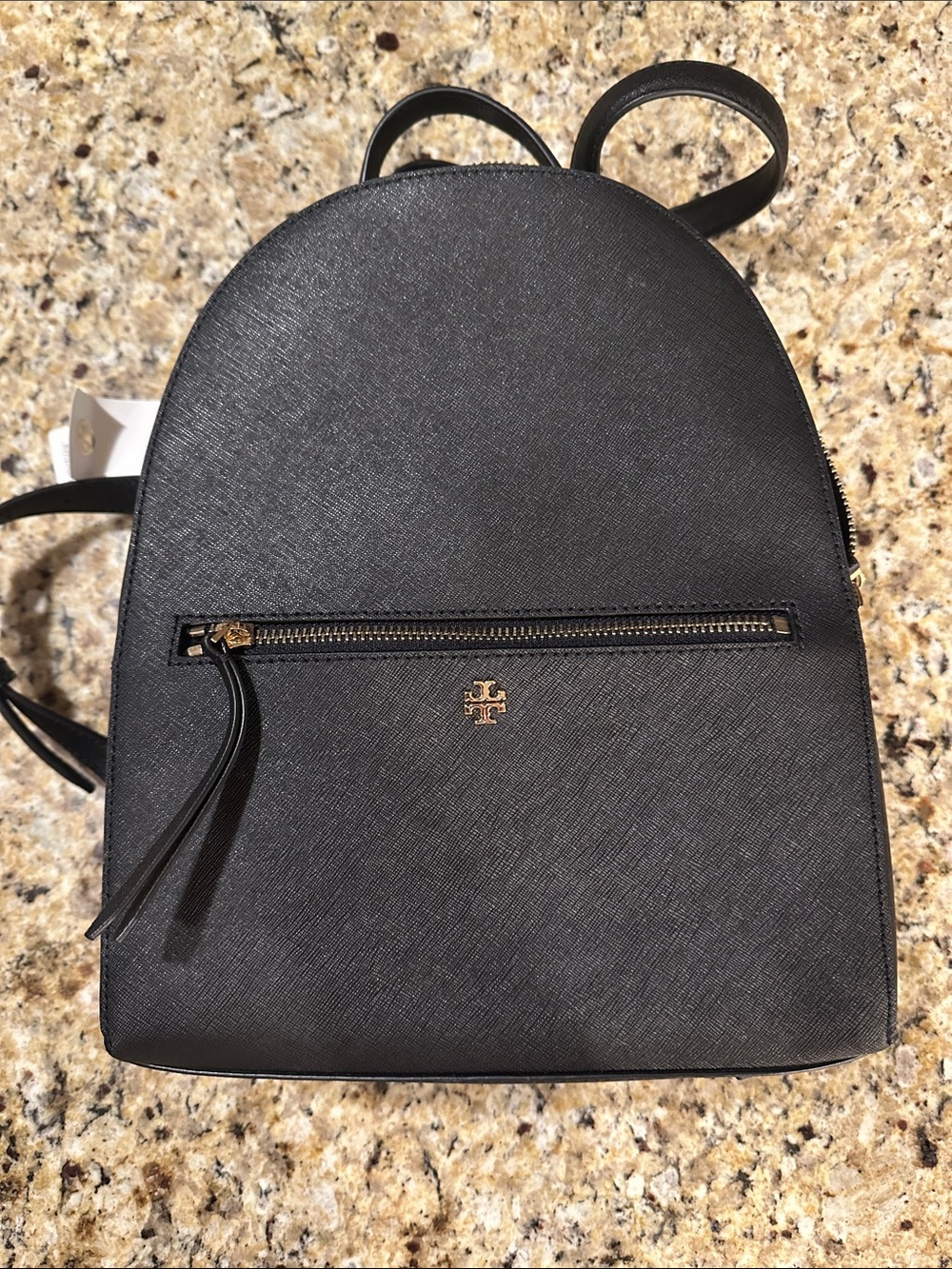 (NEW) Tory Burch Black Saffiano Leather Mini Backpack with Gold Logo